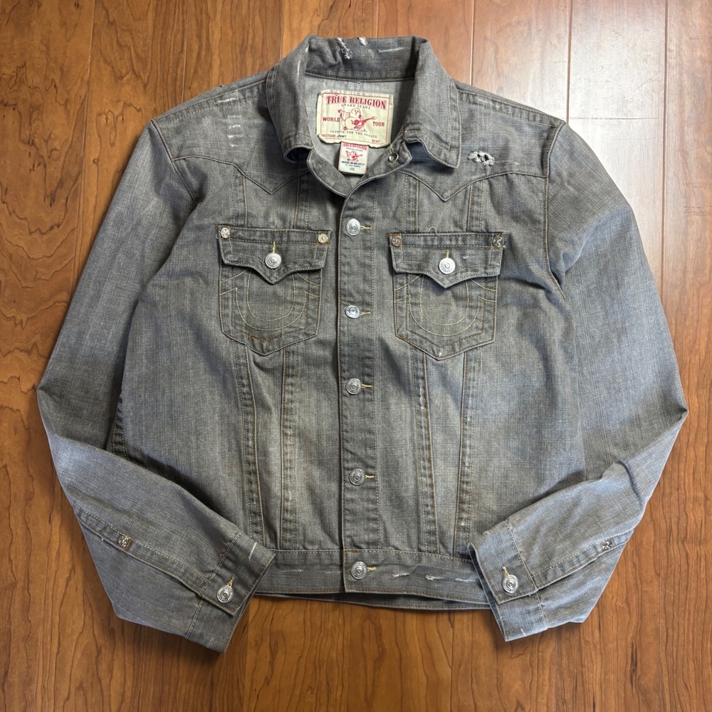 True Religion Jimmy Western Denim Jacket Mens XXL Gray Distressed Trucker Coat